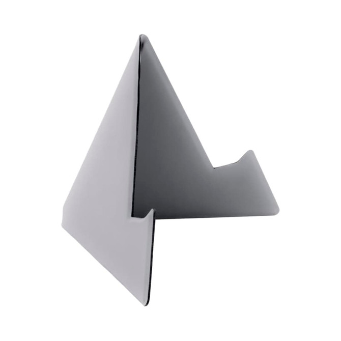 A grey, triangular phone stand designed to support devices, featuring a sleek, minimalist design and a logo.