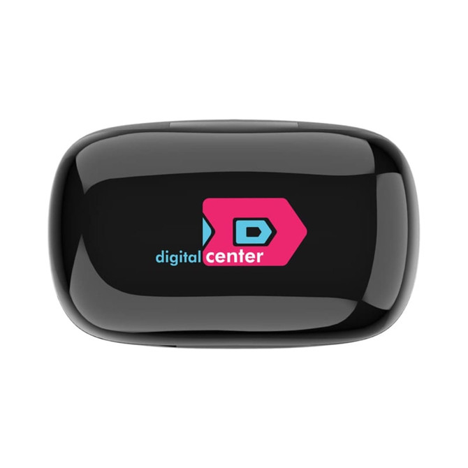 A black charging case for wireless earbuds with a colourful logo on the front.