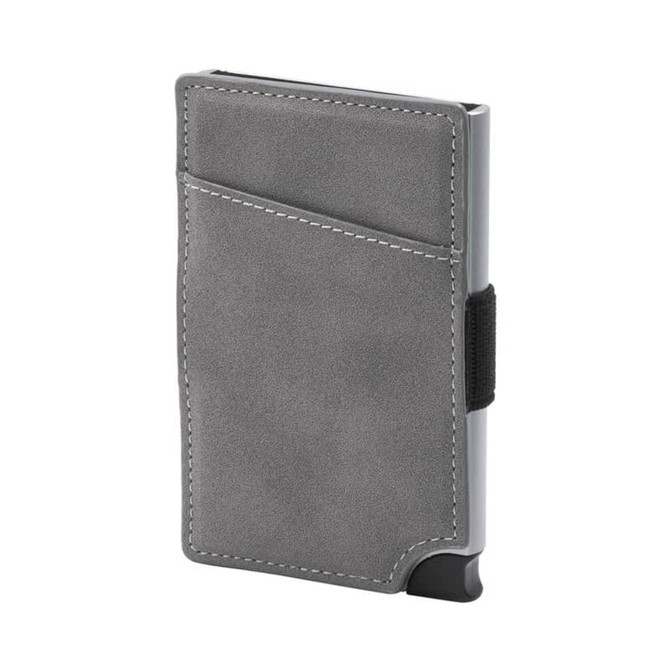 A grey vegan RFID wallet with a sleek design and a card slot on the front. It features an elastic band for closure.