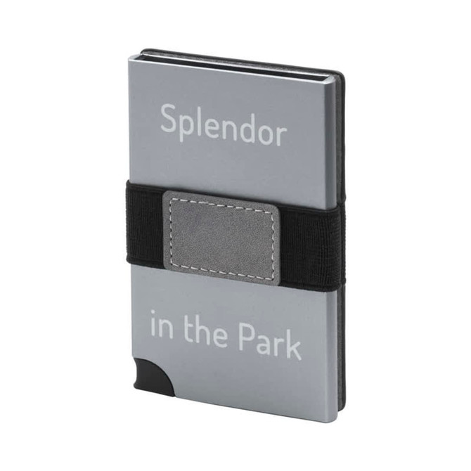 A grey vegan RFID wallet with black elastic band and a subtle logo.