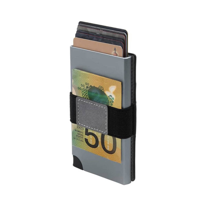 A grey vegan RFID wallet with an elastic band, holding cards and Australian banknotes. Features a logo.
