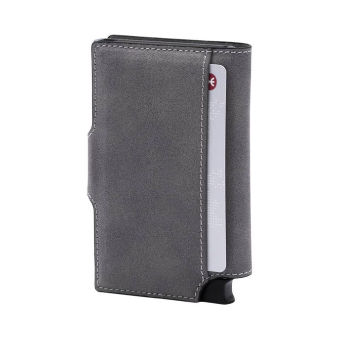 A grey vegan wallet with a sleek design displaying a card partially inserted and featuring a logo.