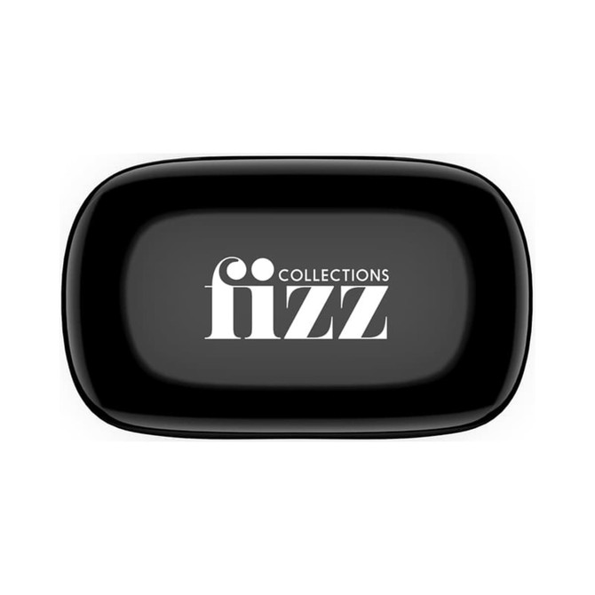 A black case for earbuds featuring a logo on the top. It has a rounded rectangular shape.