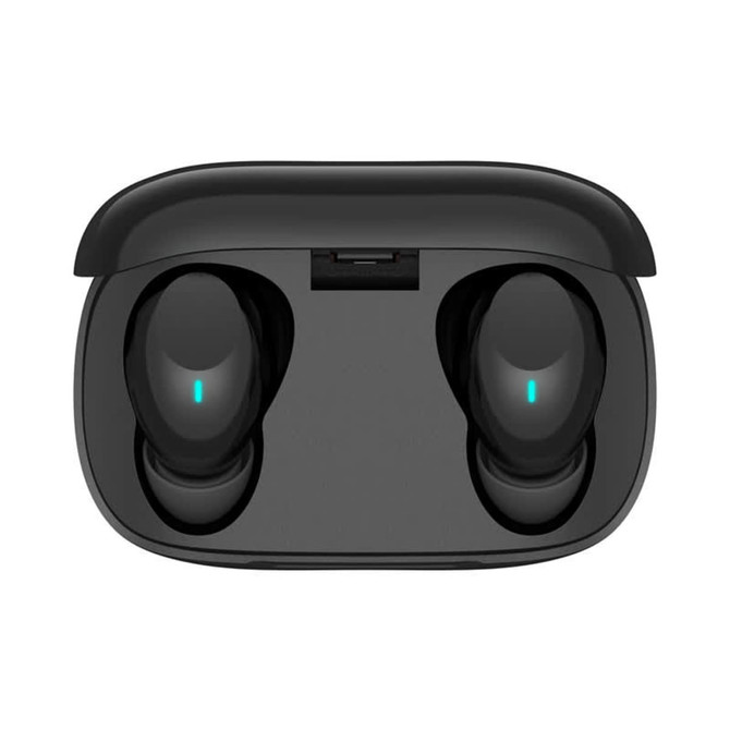 A pair of black Aria Pro ENC TWS earbuds inside a charging case, featuring a logo and indicator lights.