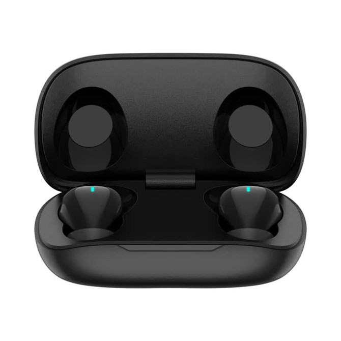 A pair of black wireless earbuds placed inside a charging case, featuring a sleek design and glowing indicators.