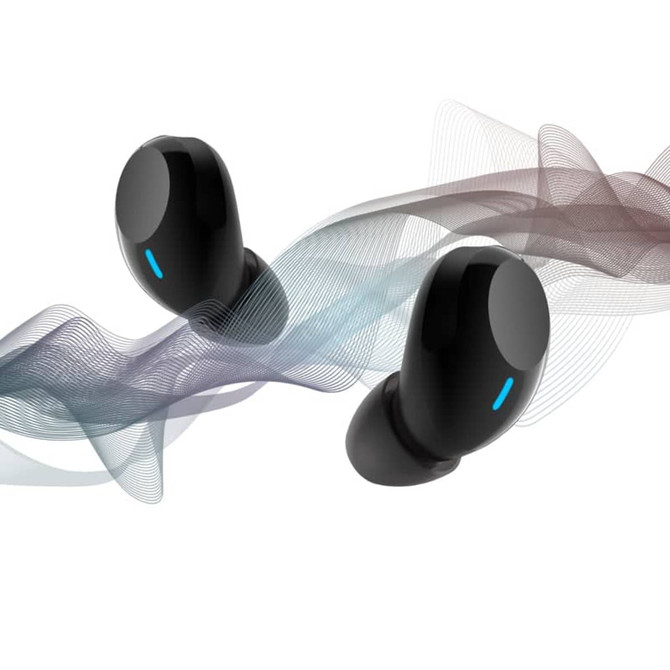 Black wireless earbuds with a sleek design and a subtle logo, surrounded by flowing wave graphics.