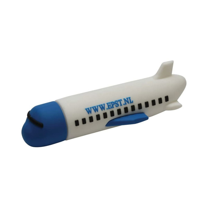 A white power bank shaped like an airplane with a blue nose and windows, featuring a logo.