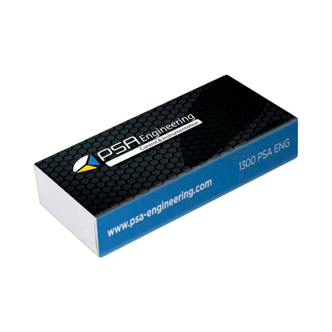 A rectangular box featuring a black hexagonal pattern with a blue base. It has a logo and website printed on it.