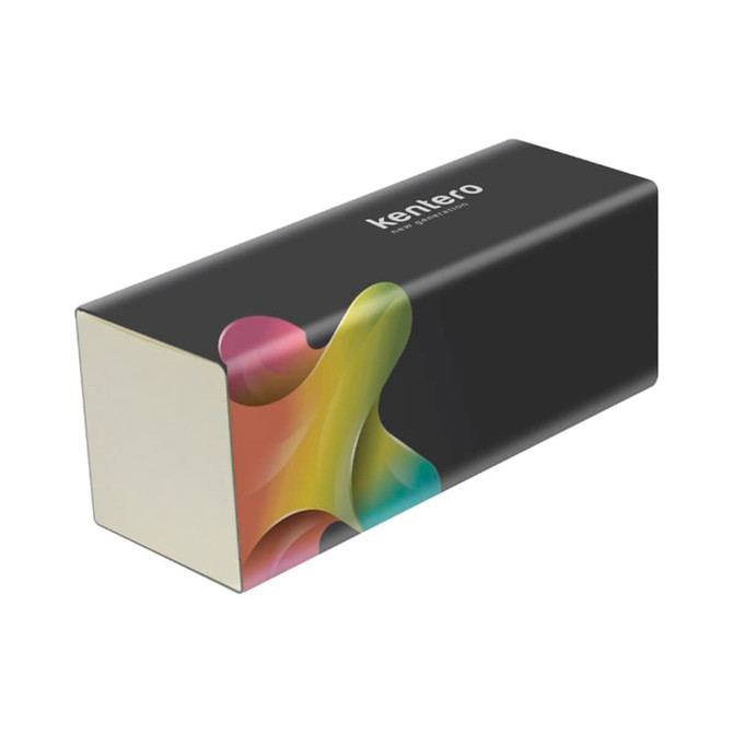 A rectangular packaging sleeve in black with a vibrant multi-coloured splash design and a logo on one side.