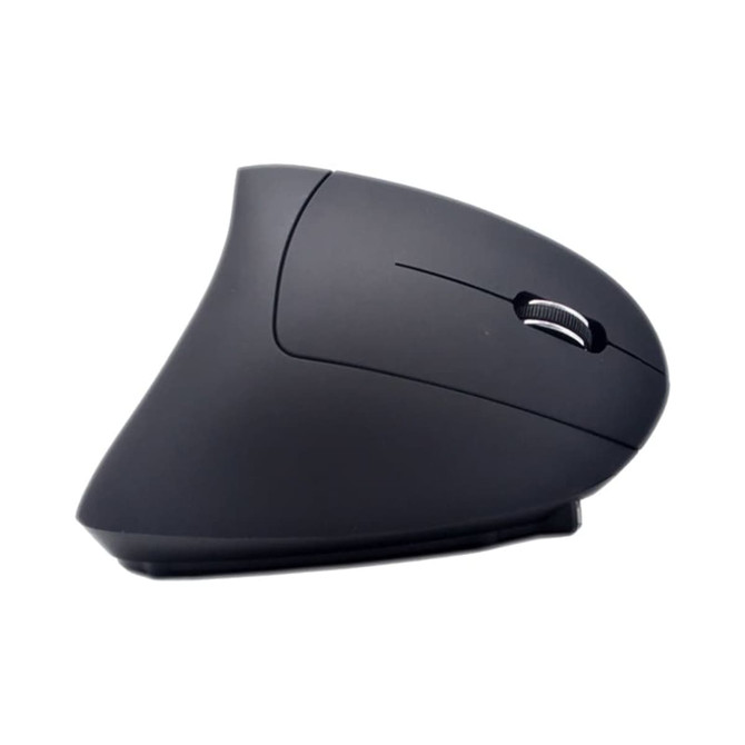An ergonomic wireless mouse in sleek black design, featuring a curved shape for comfortable grip.