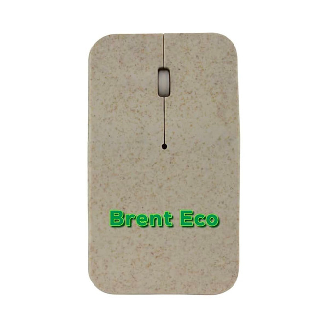 A wireless mouse in a light beige colour with a textured finish and a logo on the front.