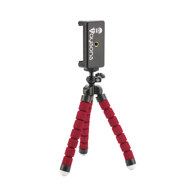A small tripod with red rubber legs and a black mounting plate for attaching devices. Features a branding logo.