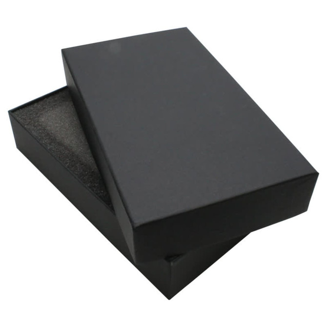 A black two-part gift box with a removable lid and foam interior, designed for packaging items.