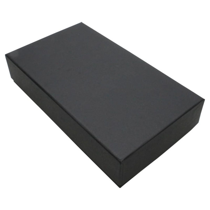 A sleek black two-part gift box featuring a smooth exterior and a simple design.