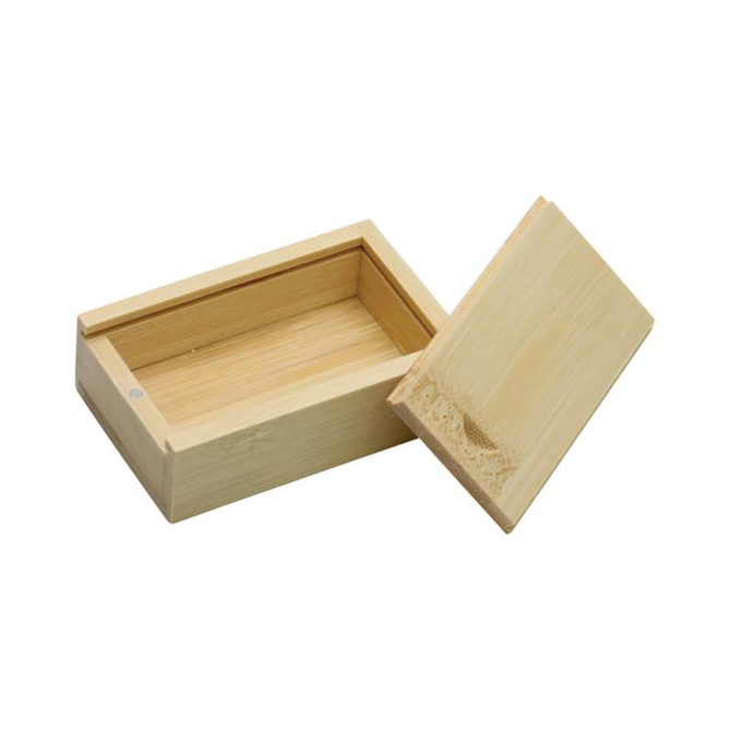 A wooden slide box in natural bamboo colour, featuring an open lid and a smooth interior. It has a logo on the side.
