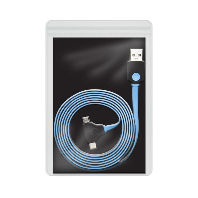 A blue USB charging cable packaged in a transparent press lock pouch, featuring a logo.