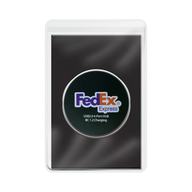 A transparent pouch contains a USB 2.0 4-port hub with a circular logo. The pouch is black with a white border.