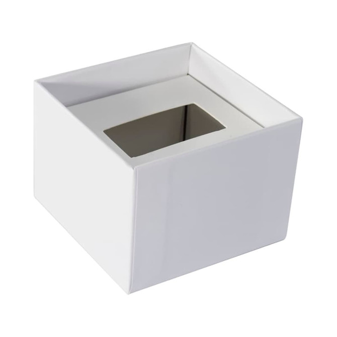 A white gift box with a square shape and a transparent top opening. It has a simple design and a branding logo.