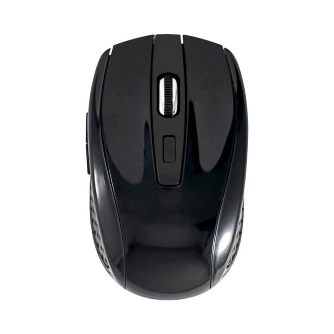 A black wireless mouse with a scroll wheel and side buttons, featuring a smooth surface and ergonomic design.