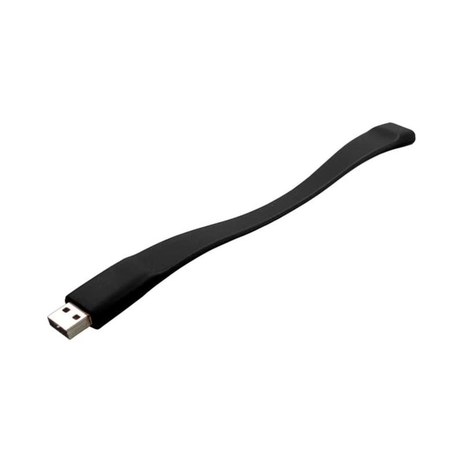 A black silicone wristband with a USB connector at one end. The band has a smooth, flexible design.
