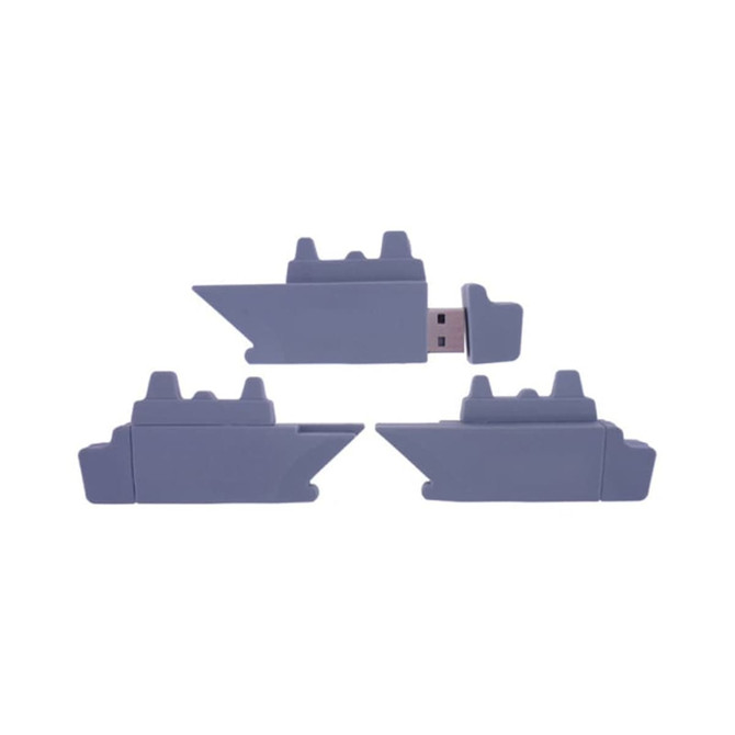 Custom moulded flash drives in grey, featuring a creative design resembling a ship, with a visible USB connector.