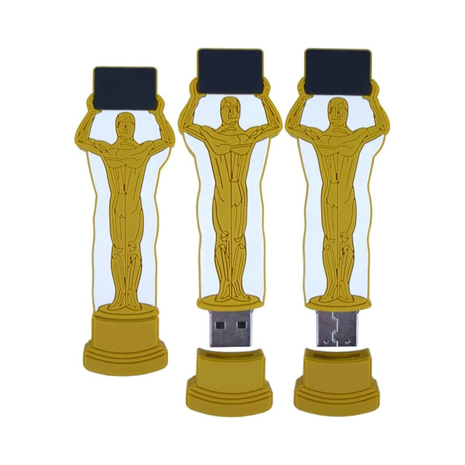 Custom moulded flash drives in gold, shaped like a figure holding a rectangular base, featuring a logo on the front.
