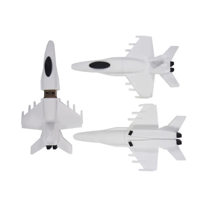 Custom moulded flash drives designed to resemble aircraft, predominantly in white. Features a logo on one side.