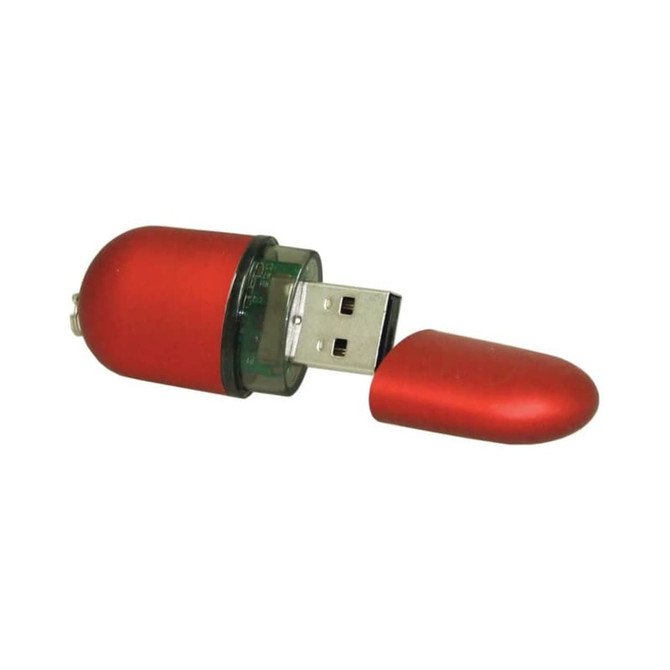 A red flash drive in a capsule shape, with a detachable cap revealing a USB connector. It has a logo on the side.