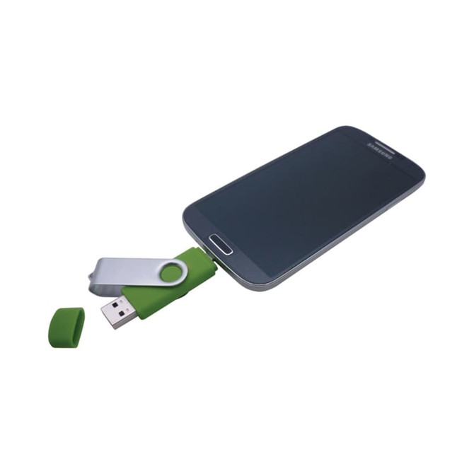 A green and silver USB flash drive connected to a smartphone, with a removable cap nearby.