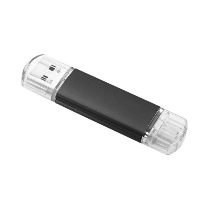 A black and clear USB flash drive featuring a sleek design and a logo.