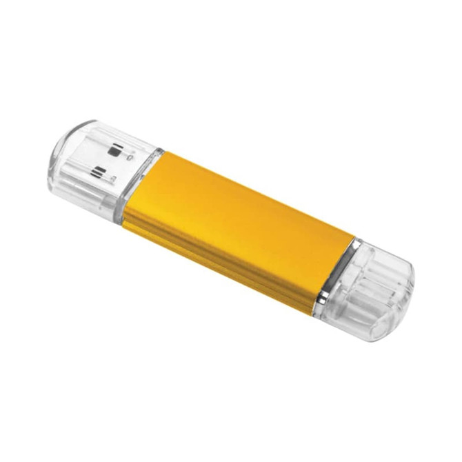 A yellow flash drive with clear ends, featuring a sleek, minimalist design and a branding logo.
