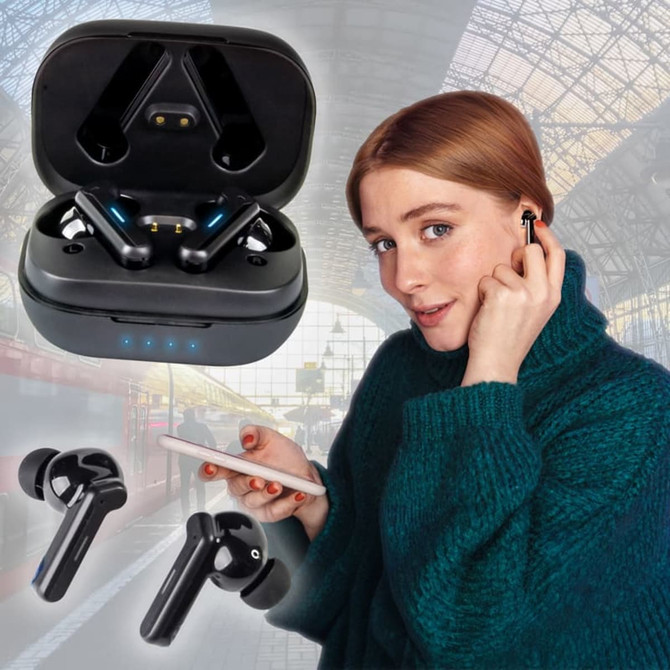 Eco-friendly black TWS earbuds with a charging case, alongside a woman using one earbud while holding a phone.