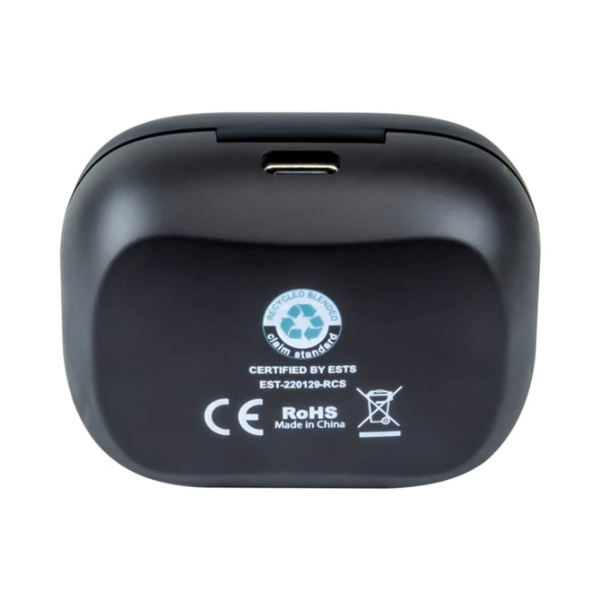 A black charging case for TWS earbuds, featuring a logo and certification markings on the back.