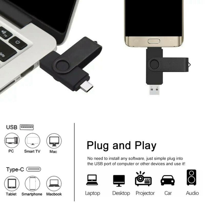 A black Type-C flash drive connected to a smartphone and laptop, showcasing its dual USB functionality and design.