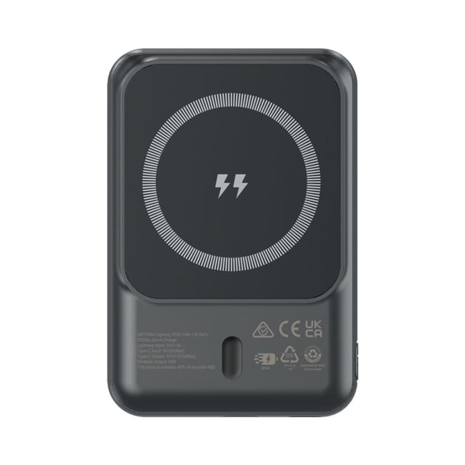 A black power bank featuring a circular charging indicator and a logo on the back, with a 5000 mAh capacity.