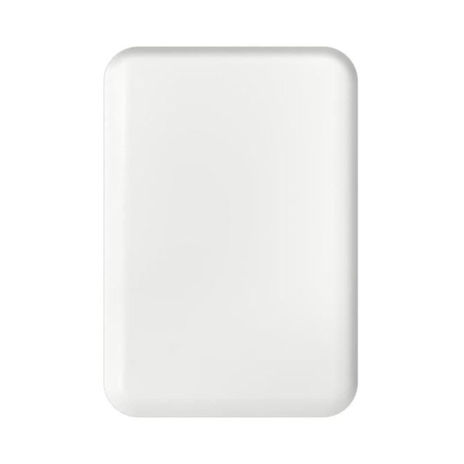 A white power bank with a sleek design, featuring a logo on its surface.