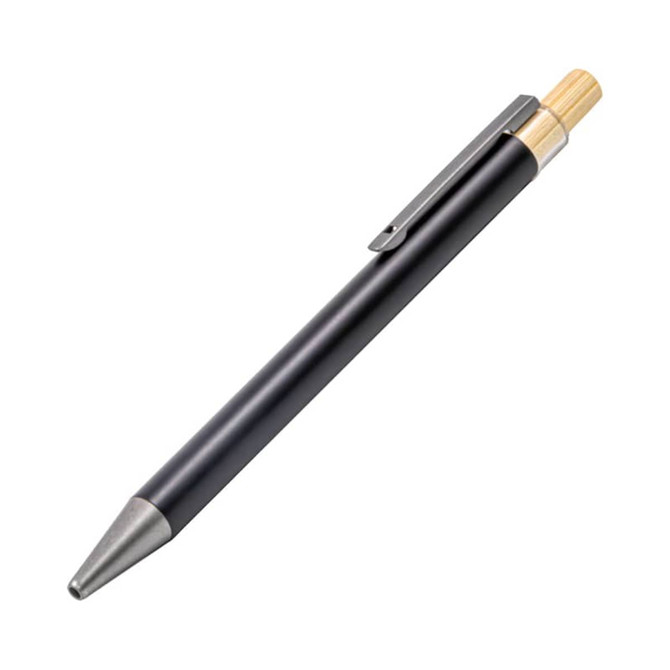 A black pen with a wooden accent and metal clip, featuring a sleek design and branding.