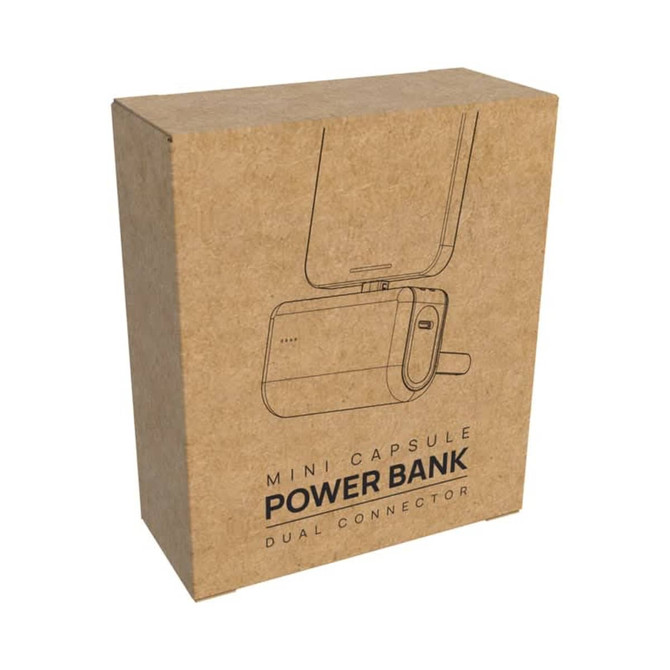 A kraft cardboard box containing a mini capsule power bank with a dual connector, featuring minimalistic outlines and a logo.