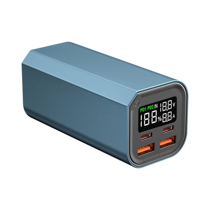 A power bank in light blue with two USB ports and a digital display for charging devices.