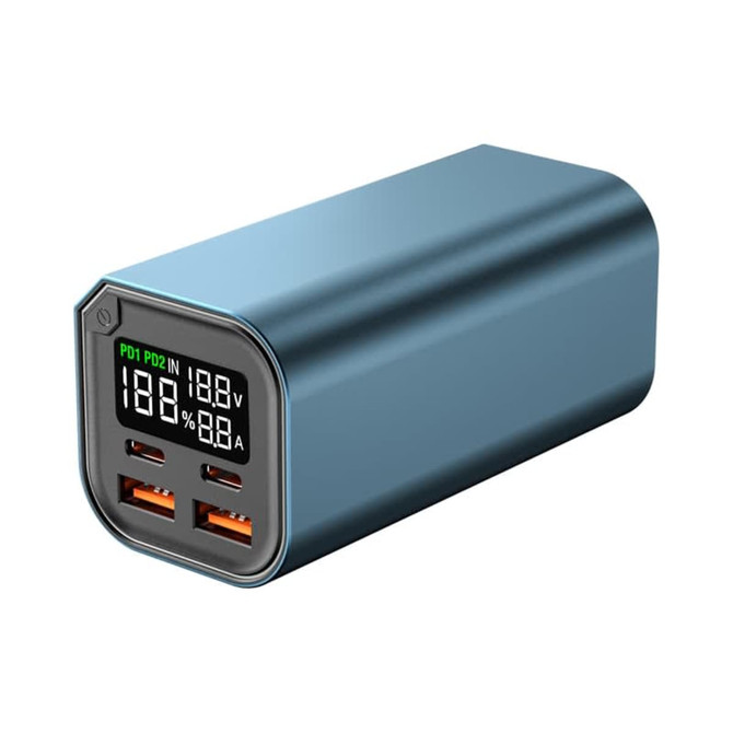 A blue power bank with USB ports and a digital display showing voltage and charge details.