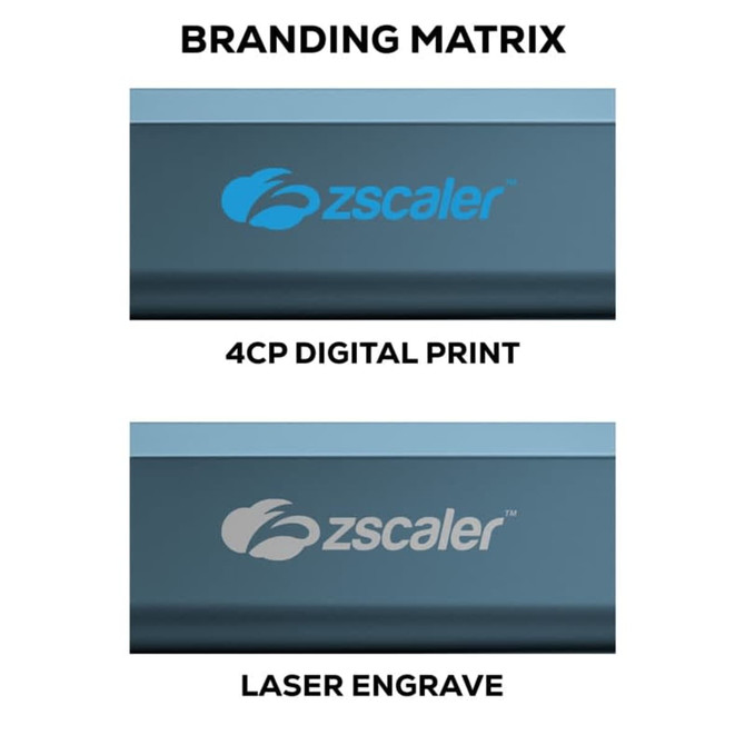 A promotional product featuring a power bank in blue with a logo. Displays branding options for customisation.