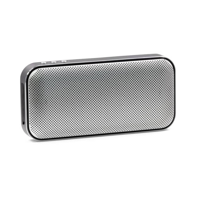 A silver and black Bluetooth speaker power bank featuring a perforated design and logos.