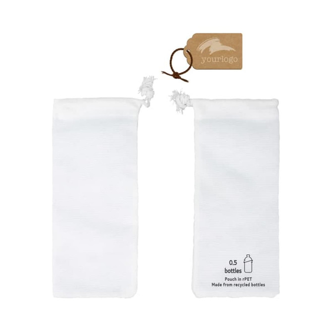 A white eco-friendly accessory pouch made from recycled materials, featuring a logo and a tag.