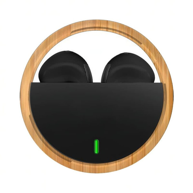 Eco-friendly black earbuds housed in a circular bamboo case with a green indicator light.