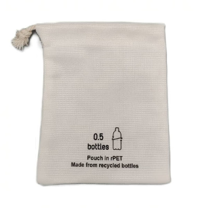 A white pouch made from recycled materials, featuring a drawstring closure and branding on the front.