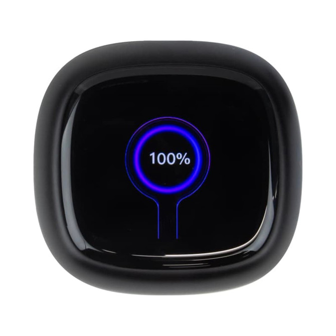 A black charging case with a smart LCD touch screen displaying a battery percentage.