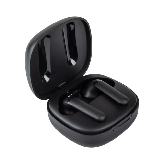 A pair of black earbuds stored in an open charging case, featuring a sleek, modern design and a logo.