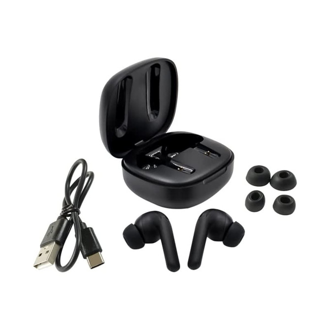 Black wireless earbuds in a charging case, accompanied by a USB cable and additional ear tips.