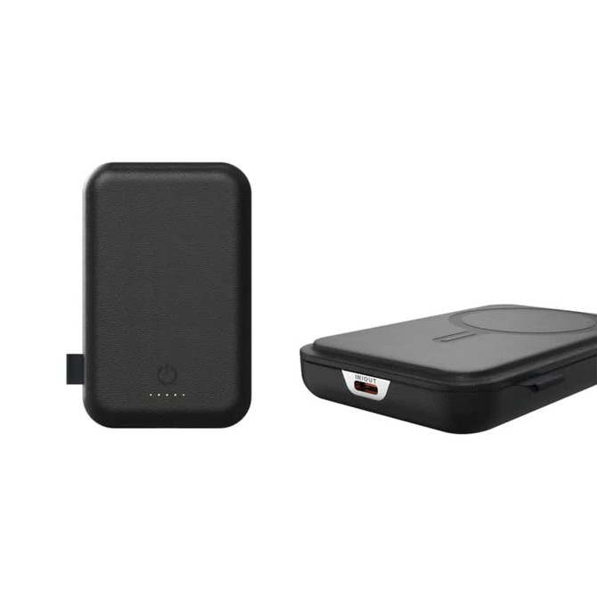 A black power bank with a sleek design, featuring a logo and USB-C port, part of the Fargo range.