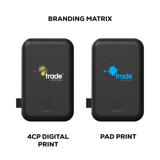 A black power bank with a branding logo, featuring a slim design and a USB port for charging devices.